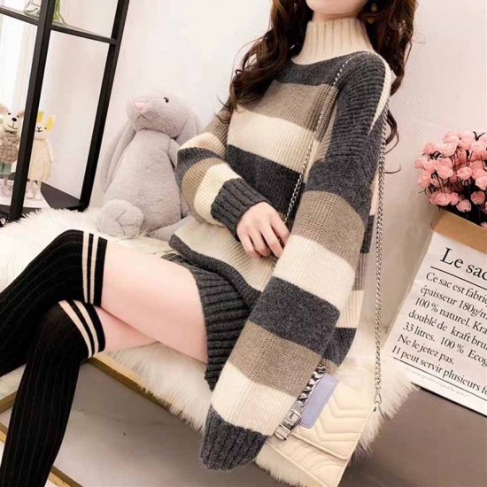2023 new autumn and winter striped loose lazy style thickened half turtleneck sweater women's pullover top