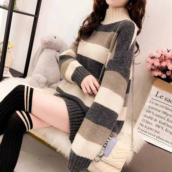 2023 new autumn and winter striped loose lazy style thickened half turtleneck sweater women's pullover top