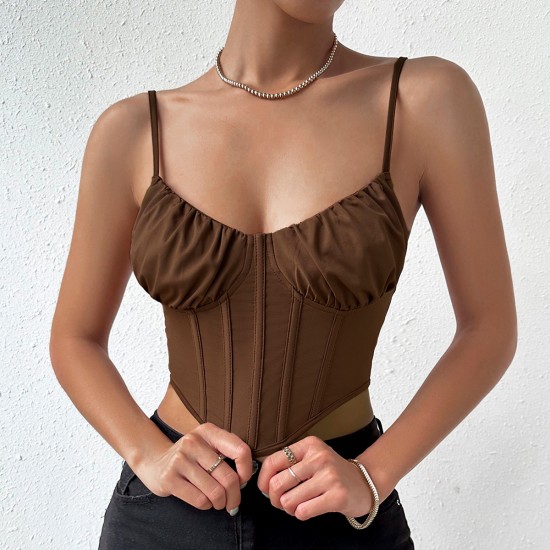 2023 European and American fashion style short pleated slim rhombus sexy backless INS solid color versatile vest A413